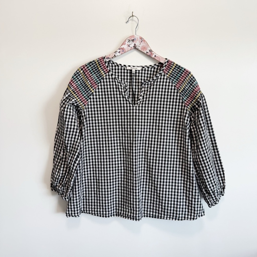 MADEWELL Smocked Black Gingham Split Neck Blouse Top Embroidered S
